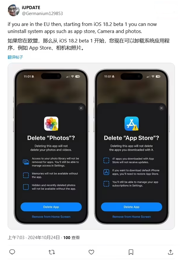 黎平苹果手机维修分享iOS 18.2 支持删除 App Store 应用商店 